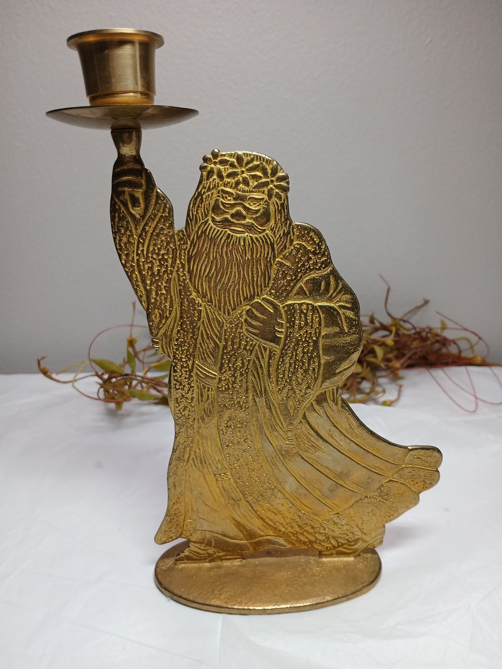 Vintage Gold Santa Taper Candle Holder — Festive Metal Accent